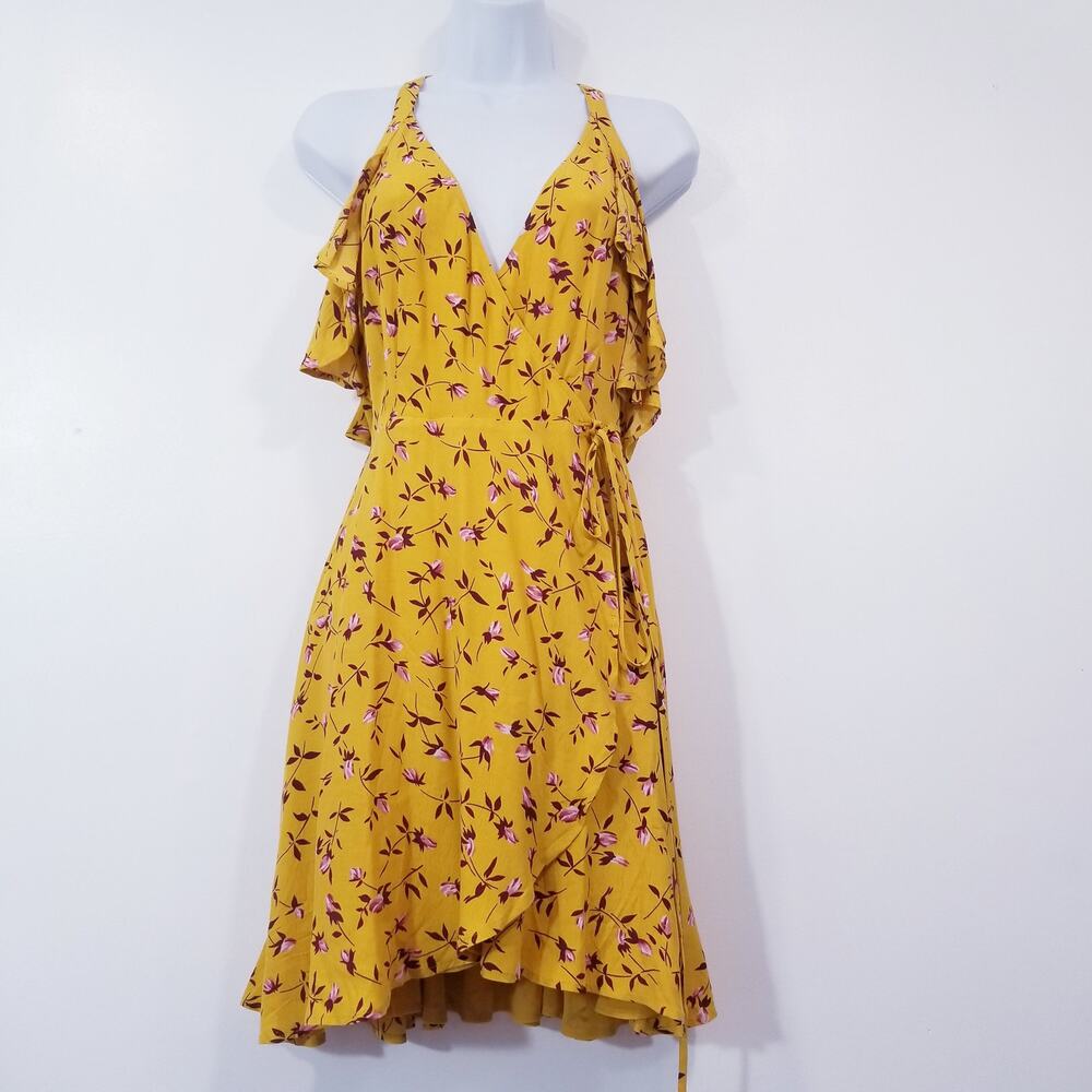 REVOLVE Privacy Please Yellow Floral Wrap Mini Dress Cold Shoulder V-Neckline
